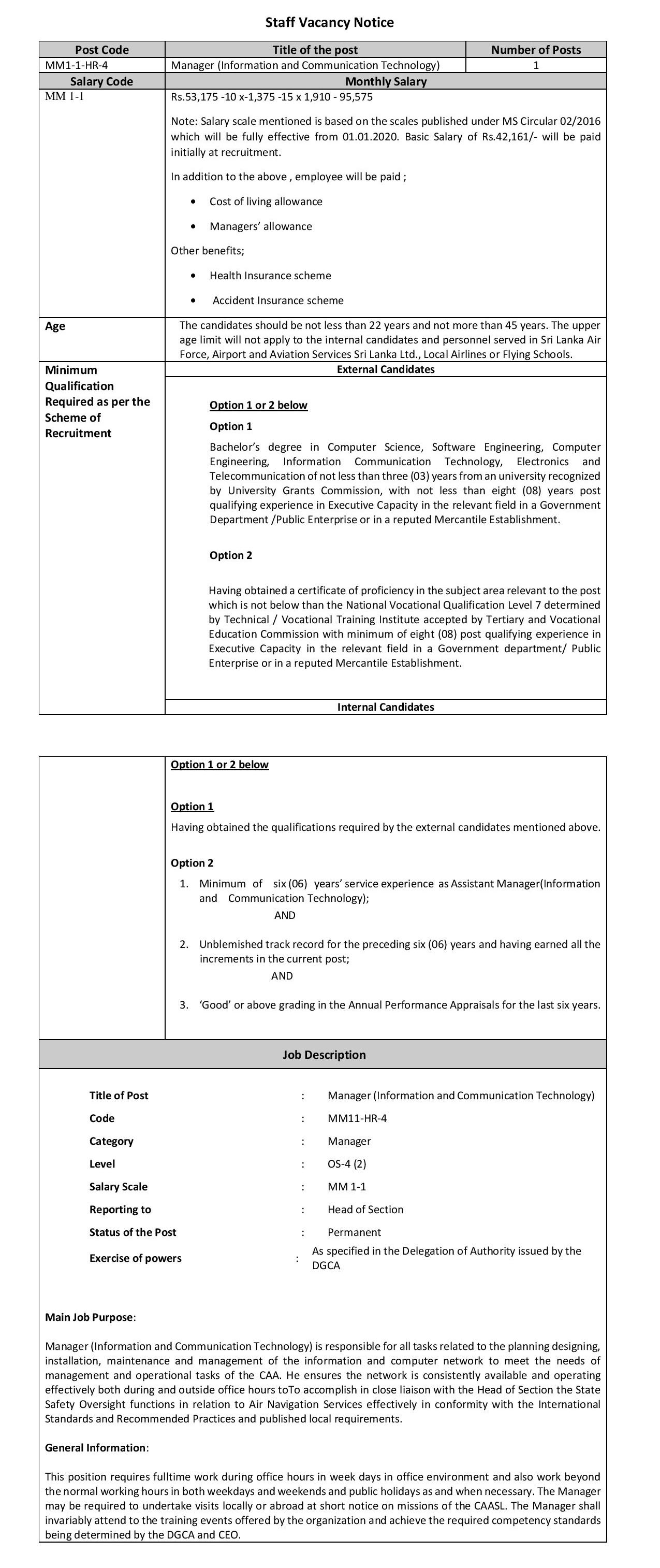 Manager (Financial Operations, ICT, Research and Development Planning) - Civil Aviation Authority